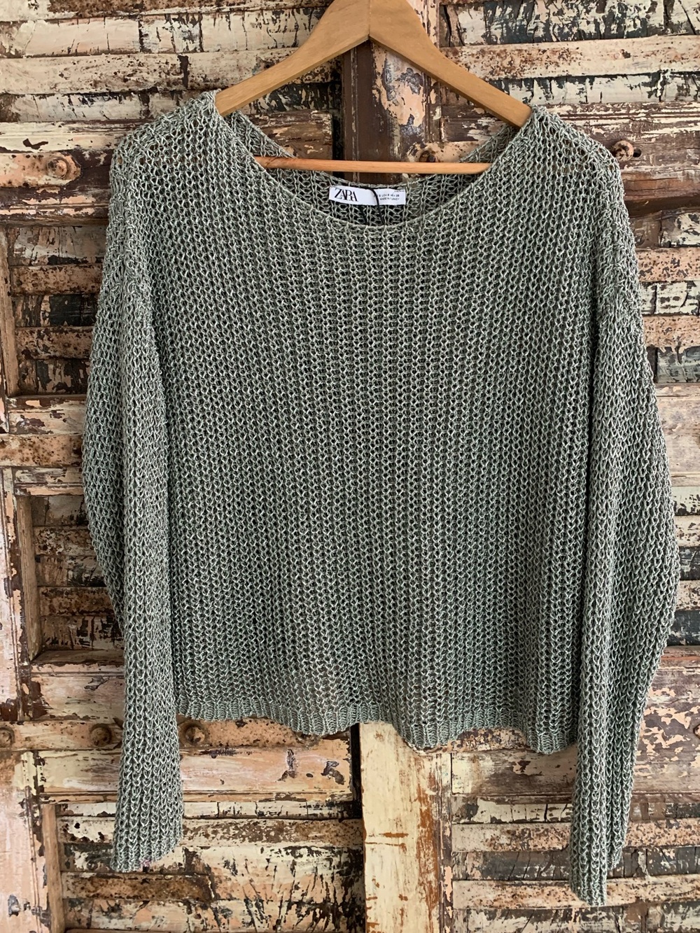 ZARA Metallic Green Open Knit Scoop Neck Pullover Sweater, Boxy Cropped, S
